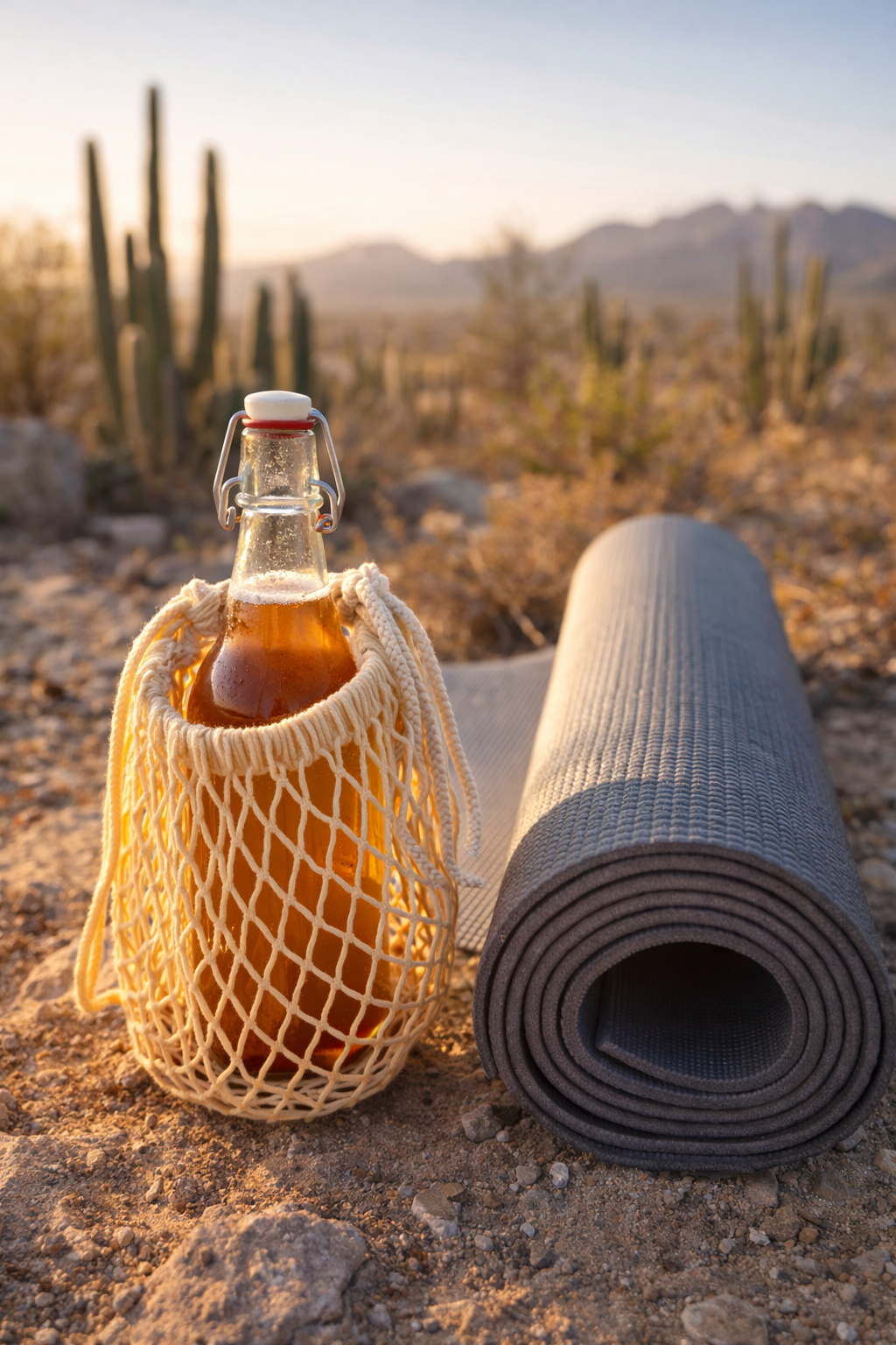 Kombucha and active lifestyle outdoors in Baja